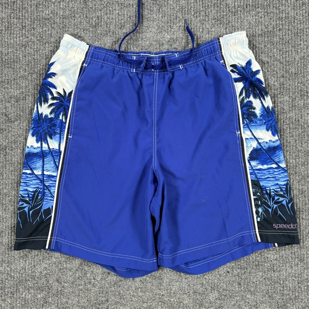 Speedo Mens Swim Trunks Large Blue Tropical Palm Tree Board Shorts Mesh Lined